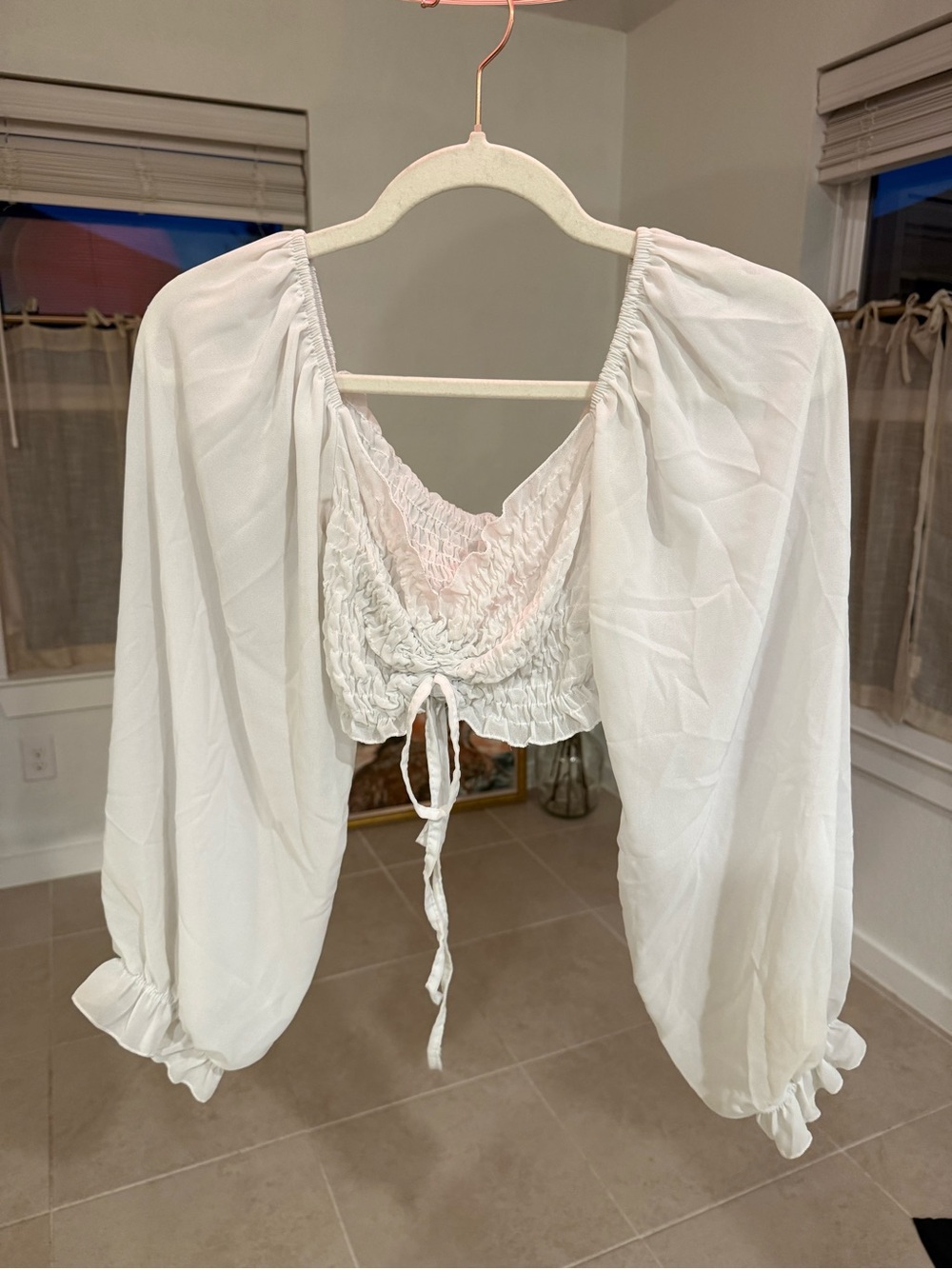 White Smocked Peasant Cropped Blouse with Balloon Sleeves